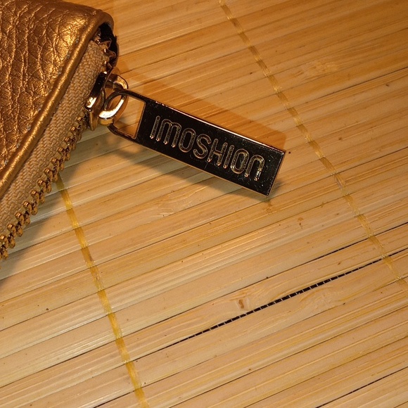 NWOT IMOSHION Bonjour Au Revoir Gold Vegan Leather Wristlet Purse Makeup Bag - Picture 3 of 10